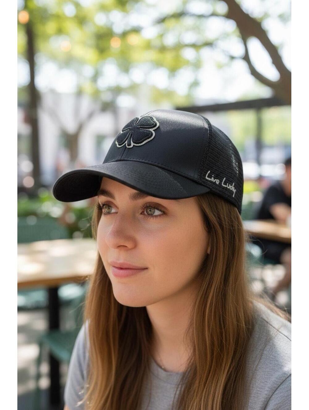 Black Clover Ladies Jaybird Black Satin Glitter Adjustable Back 6 Panel